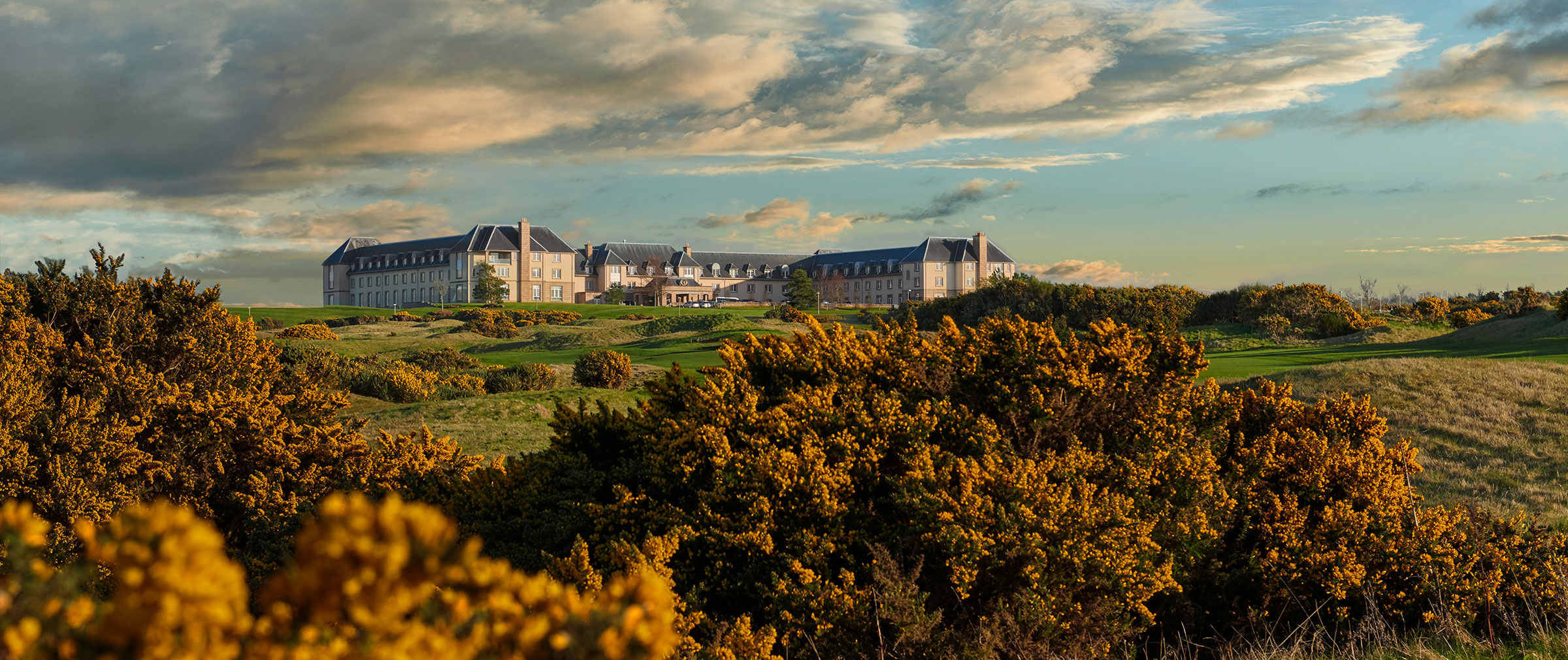 Scenic image of a large and beautiful historic building surrounded by a forest of autumnal trees.