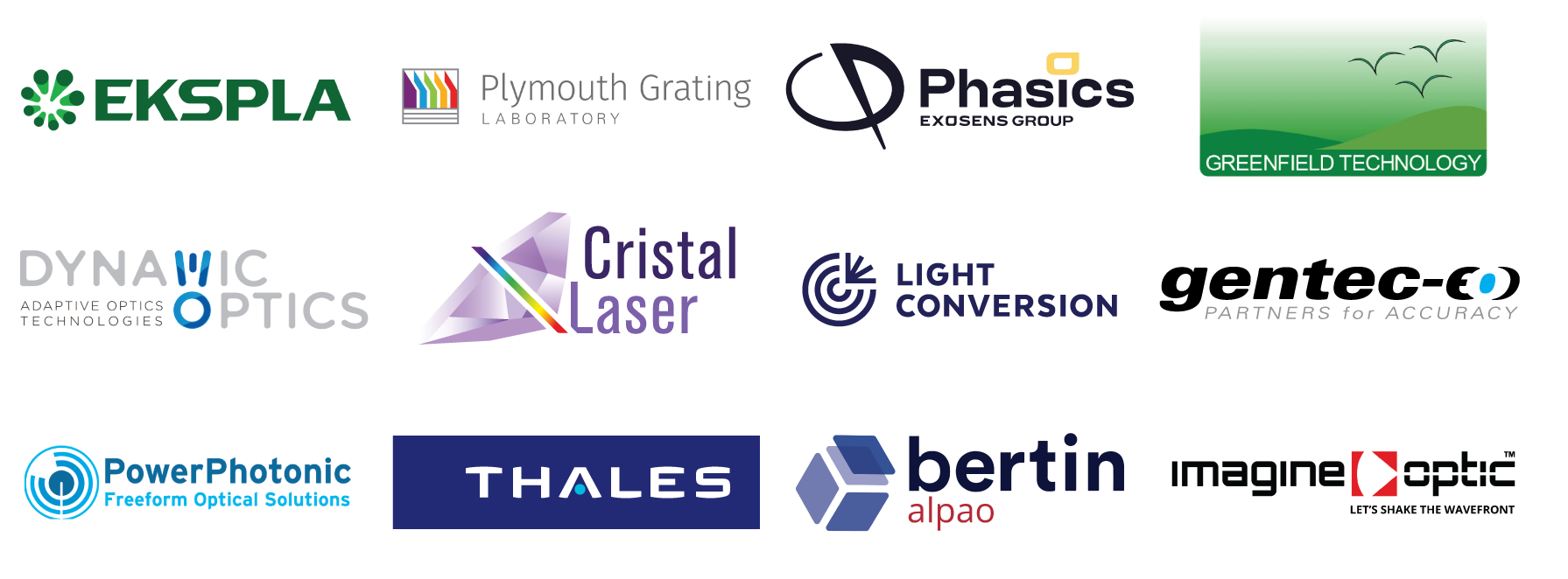 logos for Cristal Laser, Dynamic Optics, EKSPLA, Gentec, Greenfield Technology, Light Conversion, Phasics, Plymouth Gratings, Thales, Imagine Optic, Bertin Group, and PowerPhotonic Ltd