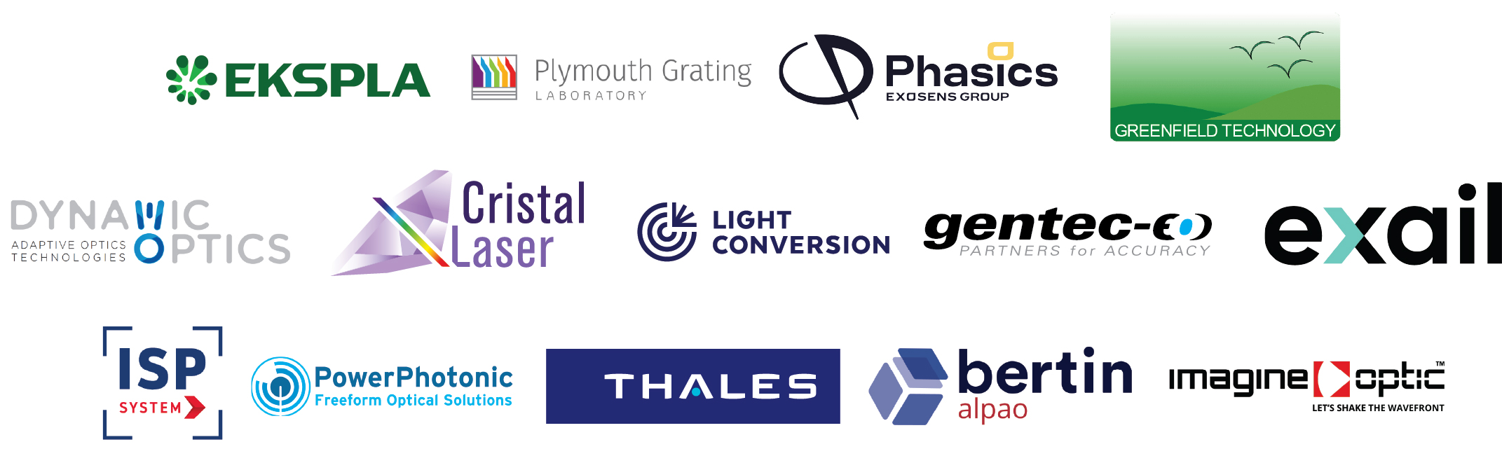logos for Cristal Laser, Dynamic Optics, EKSPLA, Gentec, Greenfield Technology, Light Conversion, EXAIL, ISP System, Phasics, Plymouth Gratings, Thales, Imagine Optic, Bertin Group, and PowerPhotonic Ltd
