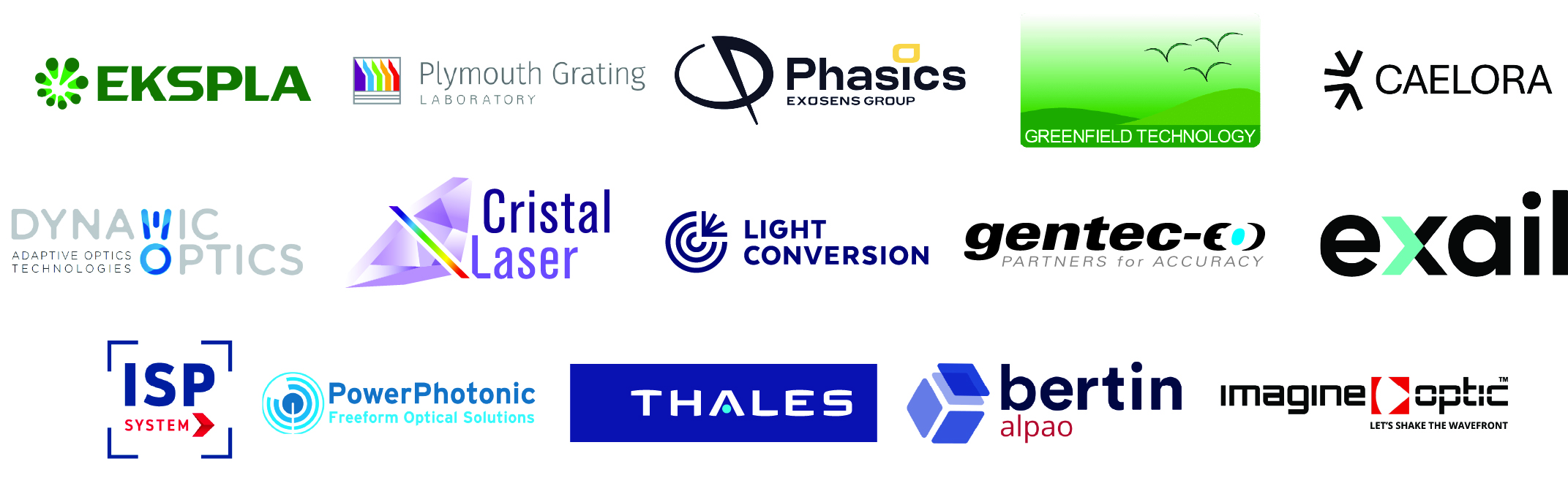 logos for Cristal Laser, Dynamic Optics, EKSPLA, Gentec, Greenfield Technology, CAELORA, Light Conversion, EXAIL, Phasics, Plymouth Gratings, Thales, Imagine Optic, Bertin Group, and PowerPhotonic Ltd